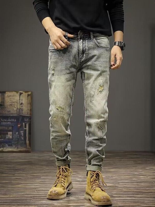 Férfi denim nadrág szakított díszítéssel, amerikai stílusban, vintage mosás, karcsú szabásvonal, elasztikus, egyenes szár
