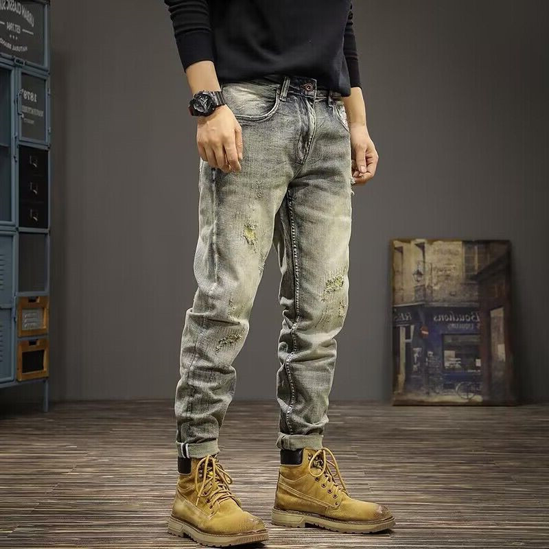 Férfi denim nadrág szakított díszítéssel, amerikai stílusban, vintage mosás, karcsú szabásvonal, elasztikus, egyenes szár
