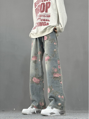cleanfit Teljes virágos jacquard denim nadrág, férfiaknak, amerikai utcai stílus, karcsú szabás, kard alakú láb