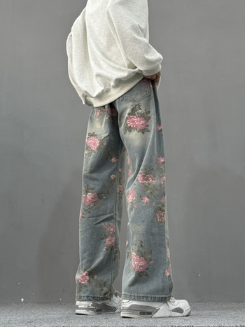 cleanfit Teljes virágos jacquard denim nadrág, férfiaknak, amerikai utcai stílus, karcsú szabás, kard alakú láb