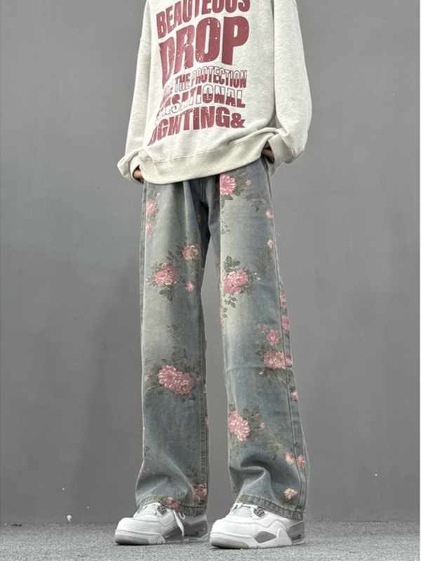 cleanfit Teljes virágos jacquard denim nadrág, férfiaknak, amerikai utcai stílus, karcsú szabás, kard alakú láb