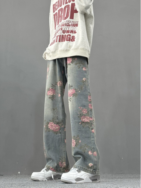 cleanfit Teljes virágos jacquard denim nadrág, férfiaknak, amerikai utcai stílus, karcsú szabás, kard alakú láb