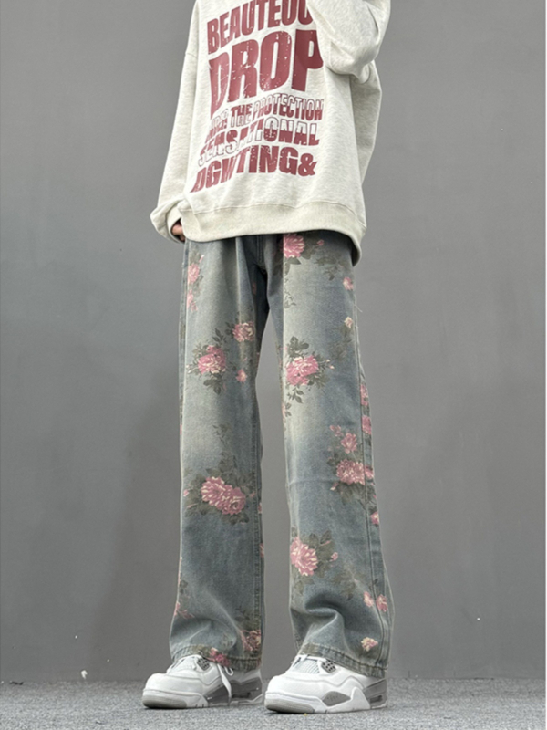 cleanfit Teljes virágos jacquard denim nadrág, férfiaknak, amerikai utcai stílus, karcsú szabás, kard alakú láb