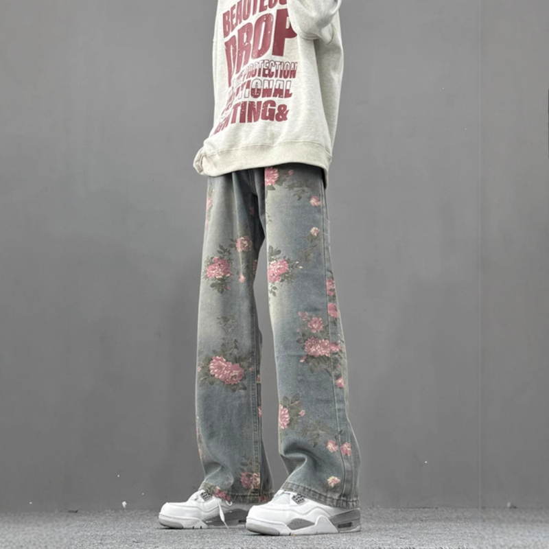 cleanfit Teljes virágos jacquard denim nadrág, férfiaknak, amerikai utcai stílus, karcsú szabás, kard alakú láb