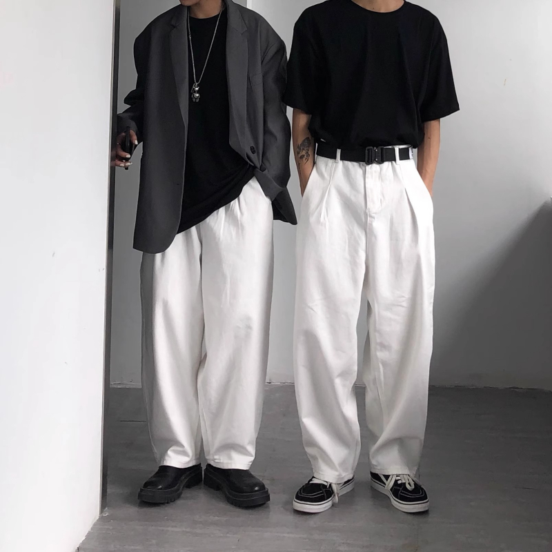 Muške bijele traperice od denima, plus veličina, oversize, široke nogavice, ravni kroj, japanski retro stil
