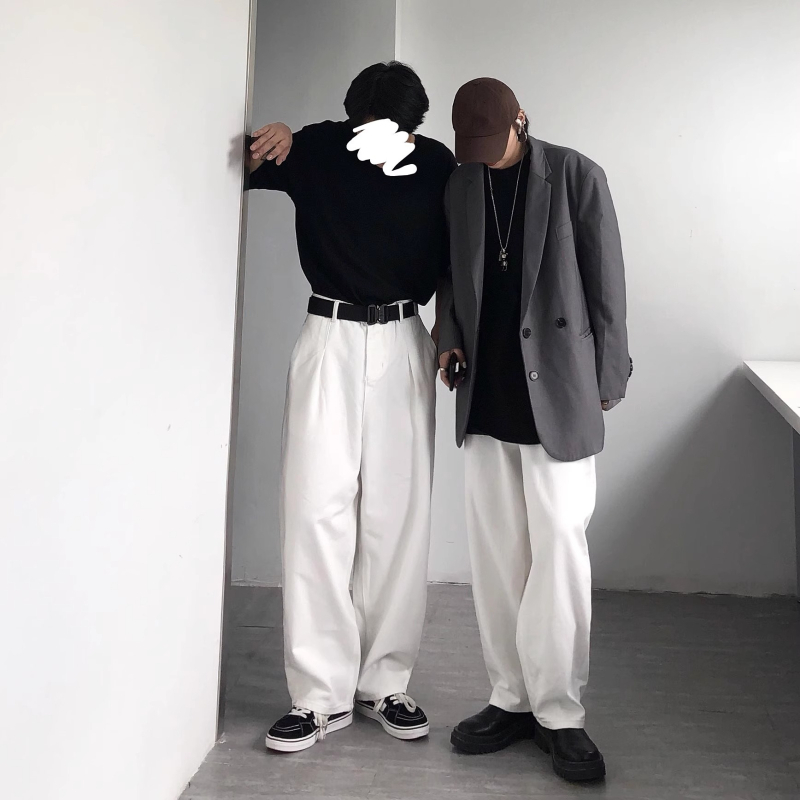 Muške bijele traperice od denima, plus veličina, oversize, široke nogavice, ravni kroj, japanski retro stil