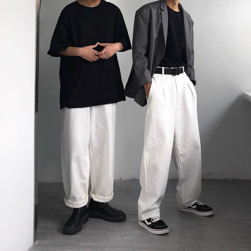 Muške bijele traperice od denima, plus veličina, oversize, široke nogavice, ravni kroj, japanski retro stil