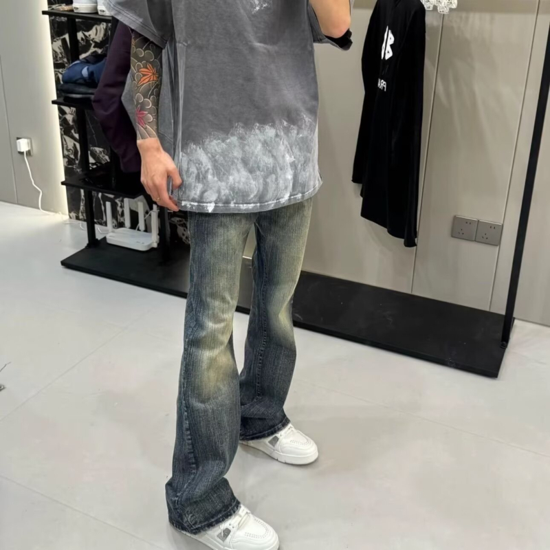 Mosott vintage denim nadrág bambuszcsíkokkal, férfiaknak – karcsú szabás, hosszú szárú, enyhe bővülés