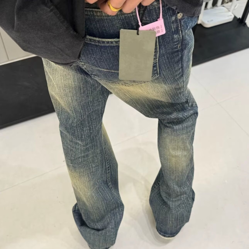 Mosott vintage denim nadrág bambuszcsíkokkal, férfiaknak – karcsú szabás, hosszú szárú, enyhe bővülés