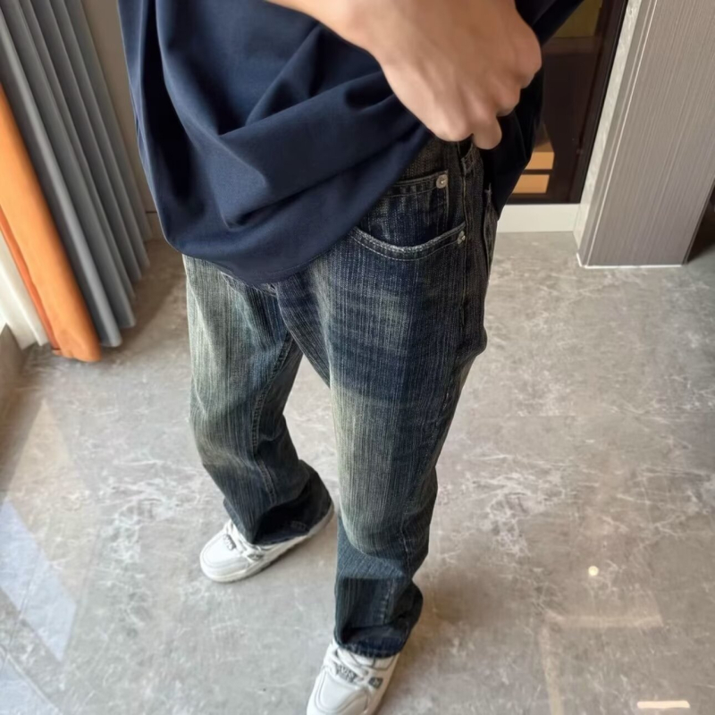 Mosott vintage denim nadrág bambuszcsíkokkal, férfiaknak – karcsú szabás, hosszú szárú, enyhe bővülés