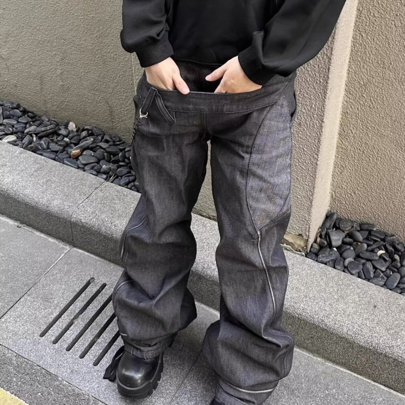 Férfiaknak készült nyers denim nadrág, amerikai retro stílus, dupla derék, kard-szerű dizájn és patchwork, egyenes szabású
