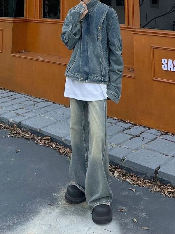 Amerikai retro mosott farmernadrág férfiaknak, középmagas derék, egyenes szabás, enyhe kiemelkedéssel a lábszárnál, streetwear