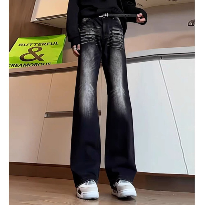 Férfi ősz denim nadrág, laza szabású, mikro‑flare, egyenes szárú, középmagas derekú, cipzár, pamut‑polyészter keverék