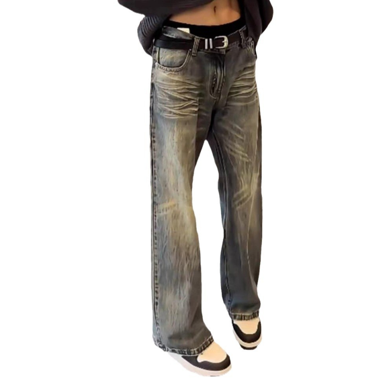 Férfi ősz denim nadrág, laza szabású, mikro‑flare, egyenes szárú, középmagas derekú, cipzár, pamut‑polyészter keverék