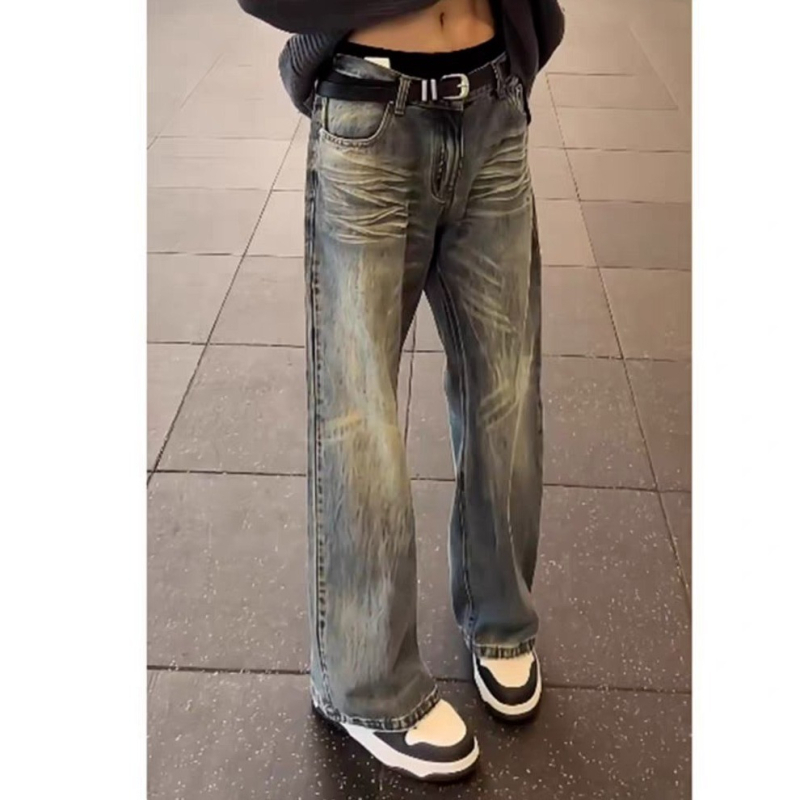 Férfi ősz denim nadrág, laza szabású, mikro‑flare, egyenes szárú, középmagas derekú, cipzár, pamut‑polyészter keverék