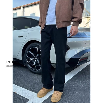 Džins hlače s američkim retro štihom za visoke muškarce – tamno crne, uski straight kroj bootcut