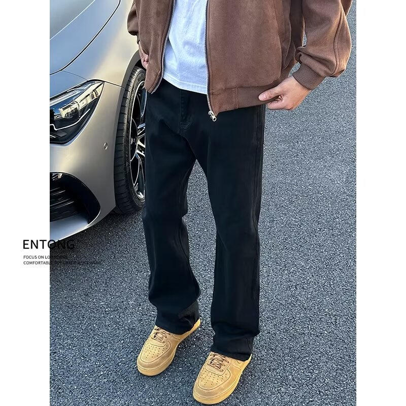 Džins hlače s američkim retro štihom za visoke muškarce – tamno crne, uski straight kroj bootcut