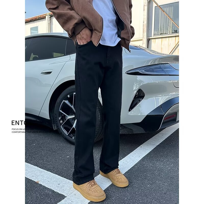 Džins hlače s američkim retro štihom za visoke muškarce – tamno crne, uski straight kroj bootcut