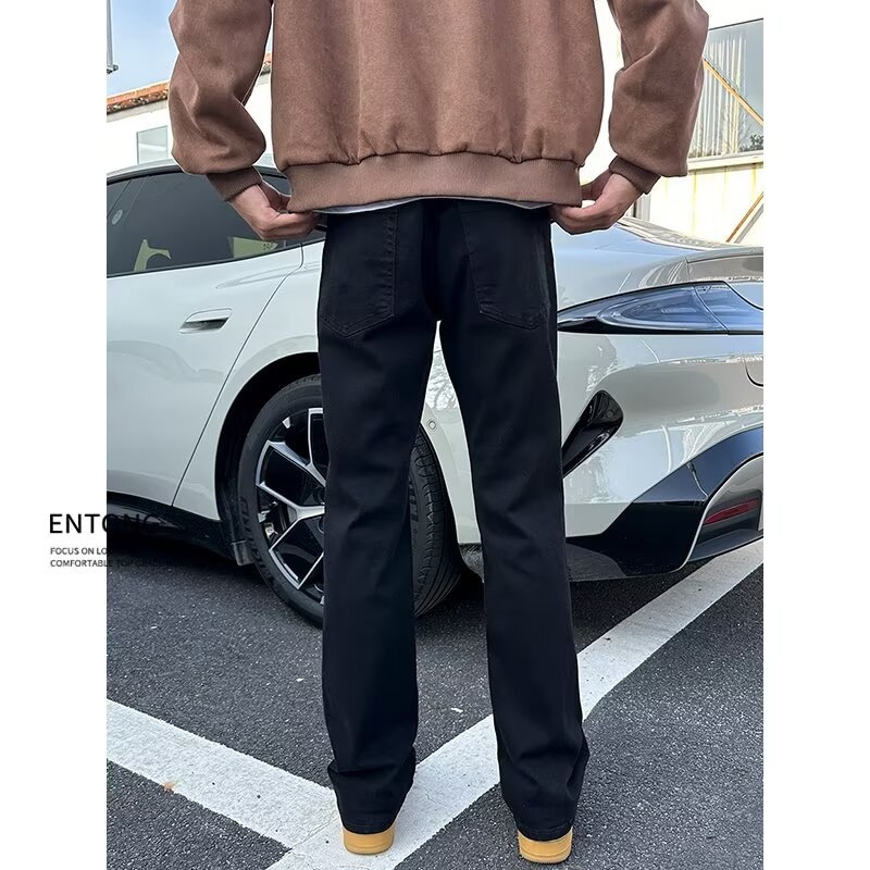 Džins hlače s američkim retro štihom za visoke muškarce – tamno crne, uski straight kroj bootcut