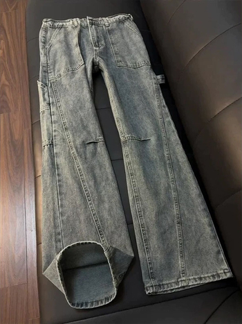 Férfiaknak szóló amerikai stílusú munkás farmer, egyenes szár, denim, egész éves viselet, slim-fit, dekonstrukciós patchwork és ívelt szegély