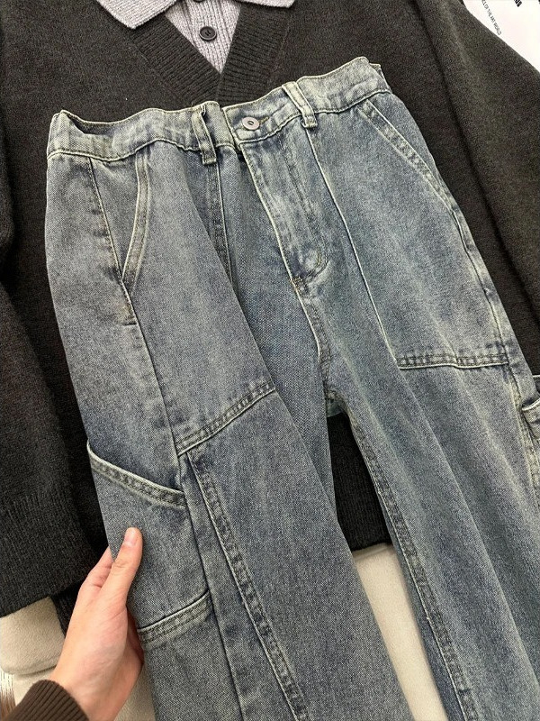 Férfiaknak szóló amerikai stílusú munkás farmer, egyenes szár, denim, egész éves viselet, slim-fit, dekonstrukciós patchwork és ívelt szegély