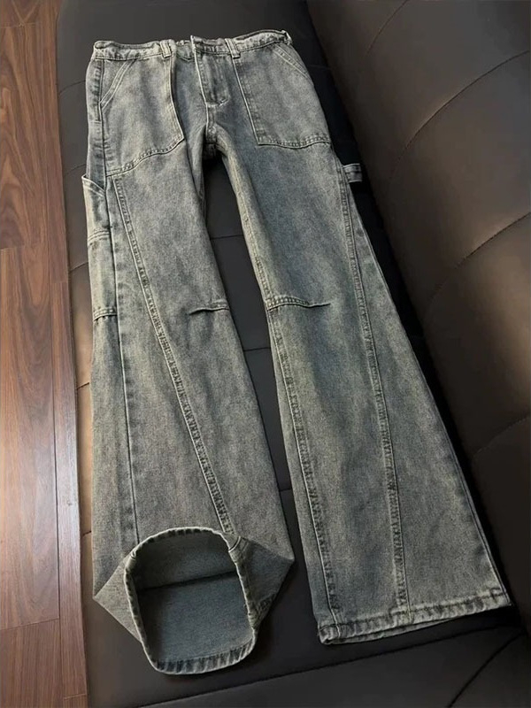 Férfiaknak szóló amerikai stílusú munkás farmer, egyenes szár, denim, egész éves viselet, slim-fit, dekonstrukciós patchwork és ívelt szegély