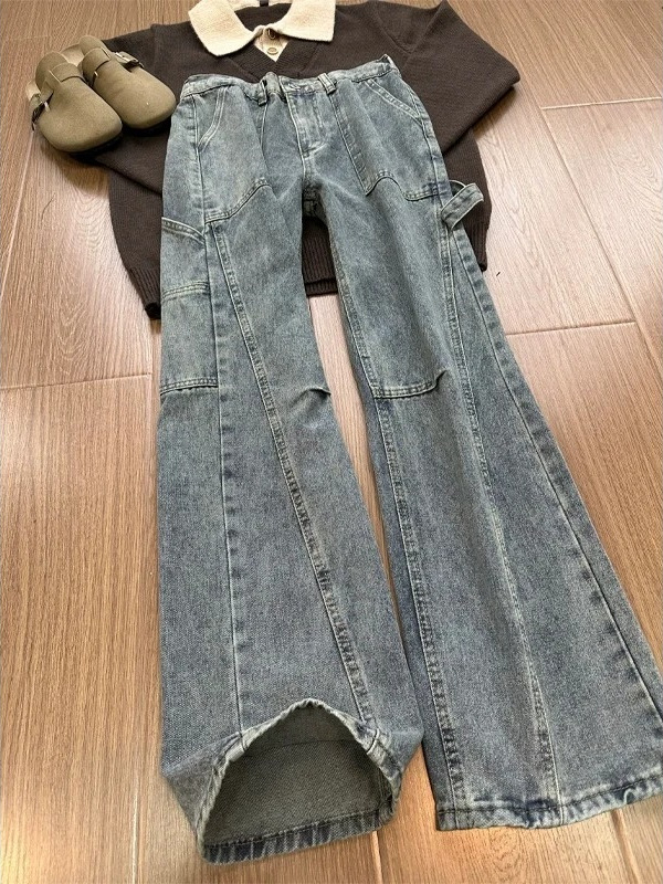 Férfiaknak szóló amerikai stílusú munkás farmer, egyenes szár, denim, egész éves viselet, slim-fit, dekonstrukciós patchwork és ívelt szegély