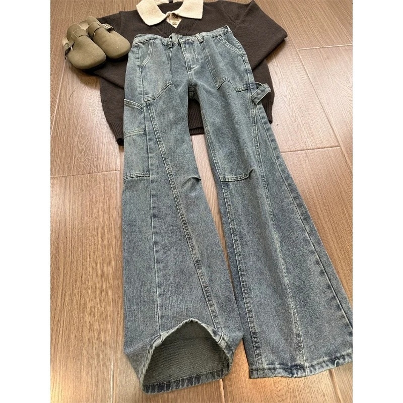 Férfiaknak szóló amerikai stílusú munkás farmer, egyenes szár, denim, egész éves viselet, slim-fit, dekonstrukciós patchwork és ívelt szegély