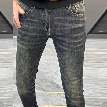 Férfiaknak európai stílusú farmernadrág, slim fit, mosott denim, keskeny szárú, őszi-téli divat