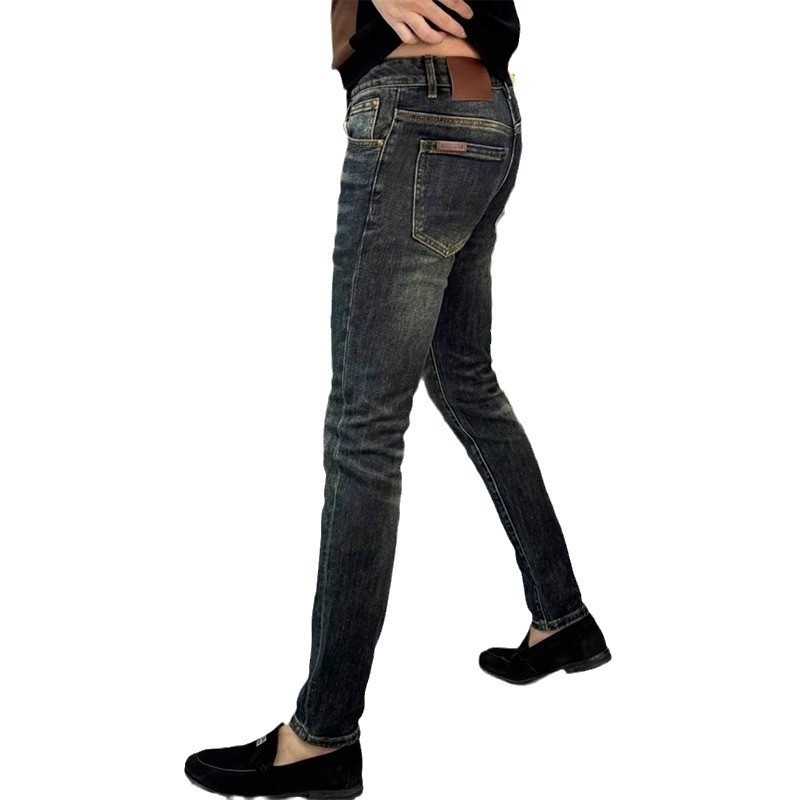 Férfiaknak európai stílusú farmernadrág, slim fit, mosott denim, keskeny szárú, őszi-téli divat