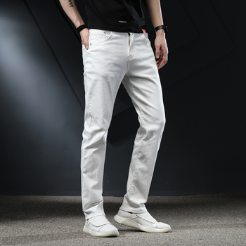 Férfi elasztikus farmer, tiszta fehér, keskeny egyenes szabás, öt zseb, egyszerű Slim-Fit