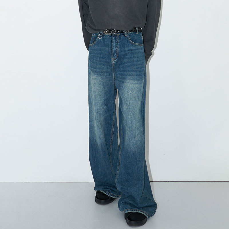 Férfiaknak szabad, széles lábú farmernadrág, amerikai retro stílus, mosott, kopott hatású, egyenes szabású