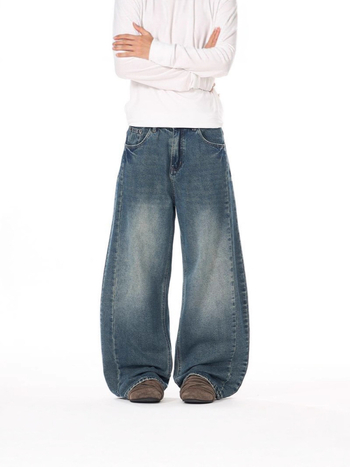 OTTB férfi farmernadrág – amerikai retro High Street stílus, mosott, whiskers hatás, széles szárú, egyenes szabás, padlóig érő, tiszta fazon