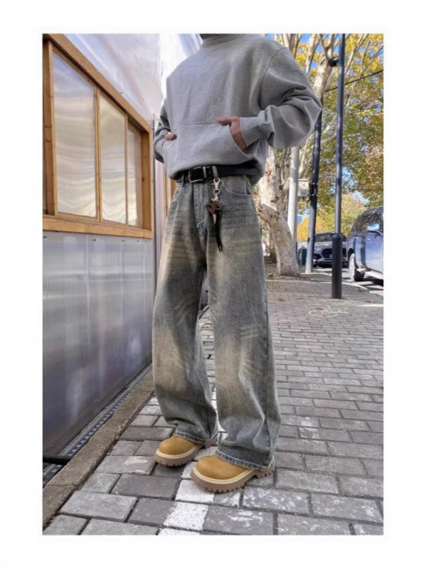 Amerikai retro kopott farmernadrág cement sárga színben, férfiaknak, magas derék, széles lábszár, egyenes szabás