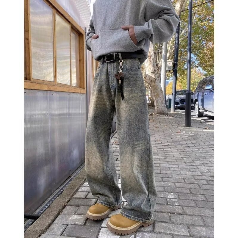 Amerikai retro kopott farmernadrág cement sárga színben, férfiaknak, magas derék, széles lábszár, egyenes szabás