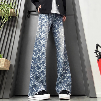 Férfi denim farmernadrág jacquard hímzett tövis motívummal, egyenes szárú, amerikai hangulat, mosott retro, enyhe kiszélesedéssel