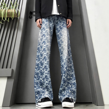 Férfi denim farmernadrág jacquard hímzett tövis motívummal, egyenes szárú, amerikai hangulat, mosott retro, enyhe kiszélesedéssel