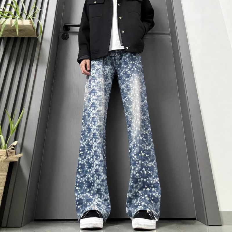 Férfi denim farmernadrág jacquard hímzett tövis motívummal, egyenes szárú, amerikai hangulat, mosott retro, enyhe kiszélesedéssel