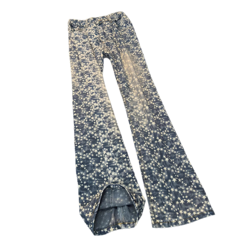 Férfi denim farmernadrág jacquard hímzett tövis motívummal, egyenes szárú, amerikai hangulat, mosott retro, enyhe kiszélesedéssel
