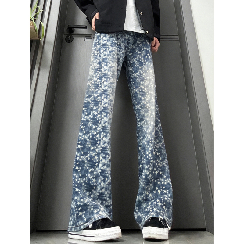 Férfi denim farmernadrág jacquard hímzett tövis motívummal, egyenes szárú, amerikai hangulat, mosott retro, enyhe kiszélesedéssel
