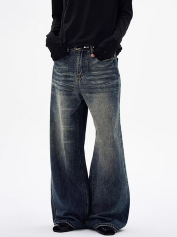 Férfi vintage mosott farmernadrág, trendi high-street amerikai casual stílus, széles szárú, kényelmes szabás