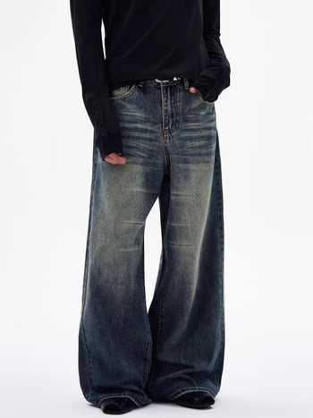 Férfi vintage mosott farmernadrág, trendi high-street amerikai casual stílus, széles szárú, kényelmes szabás
