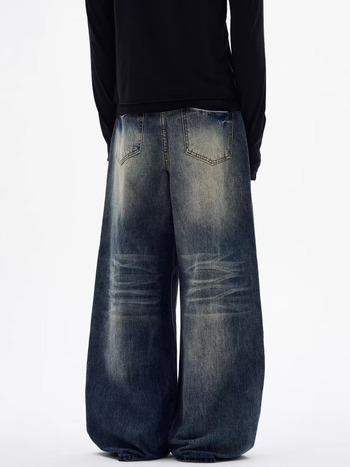 Férfi vintage mosott farmernadrág, trendi high-street amerikai casual stílus, széles szárú, kényelmes szabás