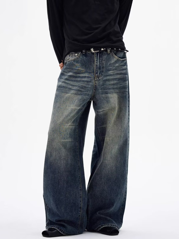 Férfi vintage mosott farmernadrág, trendi high-street amerikai casual stílus, széles szárú, kényelmes szabás