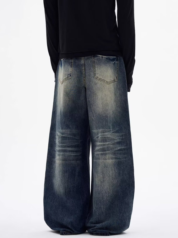 Férfi vintage mosott farmernadrág, trendi high-street amerikai casual stílus, széles szárú, kényelmes szabás