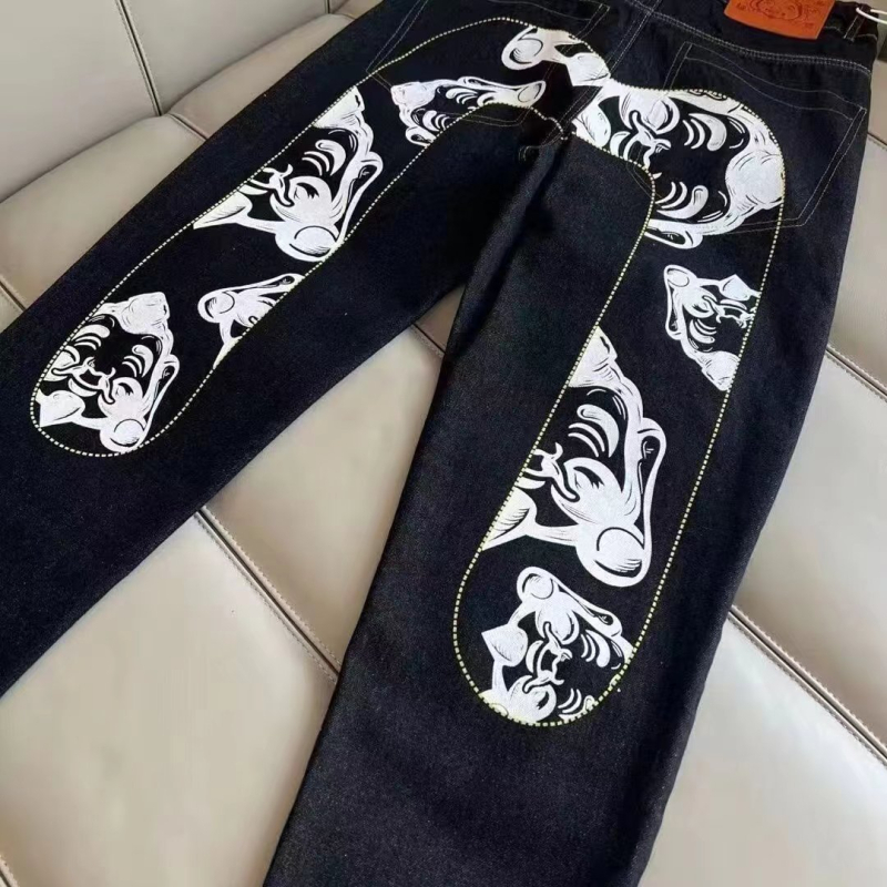 Slobodno krojene retro denim sportske hlače s otiskom, korejskog stila