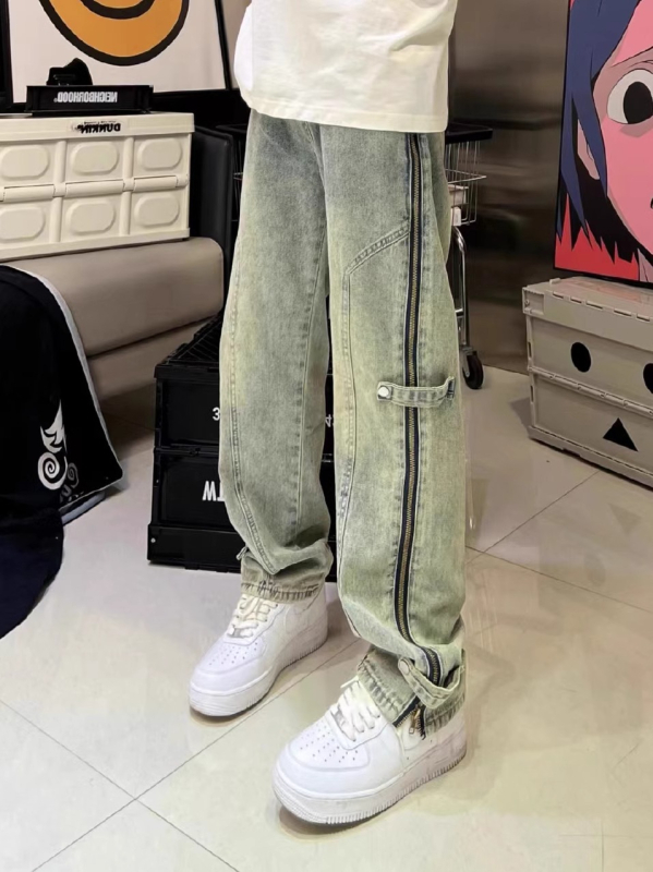 Férfi farmernadrág cipzárral és hasítékkal, lazán szabott, egyenes szárú, denim