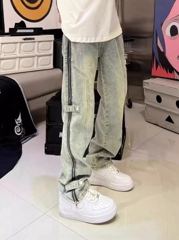 Férfi farmernadrág cipzárral és hasítékkal, lazán szabott, egyenes szárú, denim
