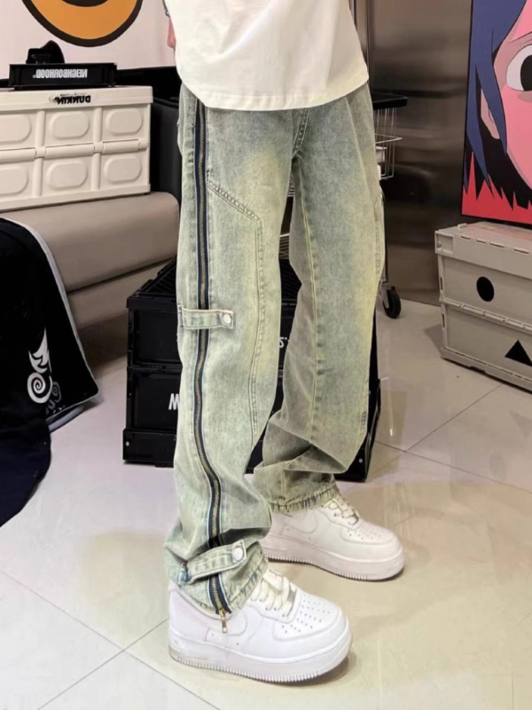 Férfi farmernadrág cipzárral és hasítékkal, lazán szabott, egyenes szárú, denim