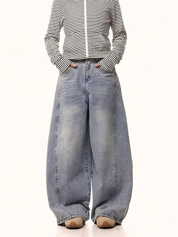 Amerikai retro mosott denim nadrág sziluett-kialakítással és scimitar-stílusú széles szabással, uniszex, hosszú nadrág